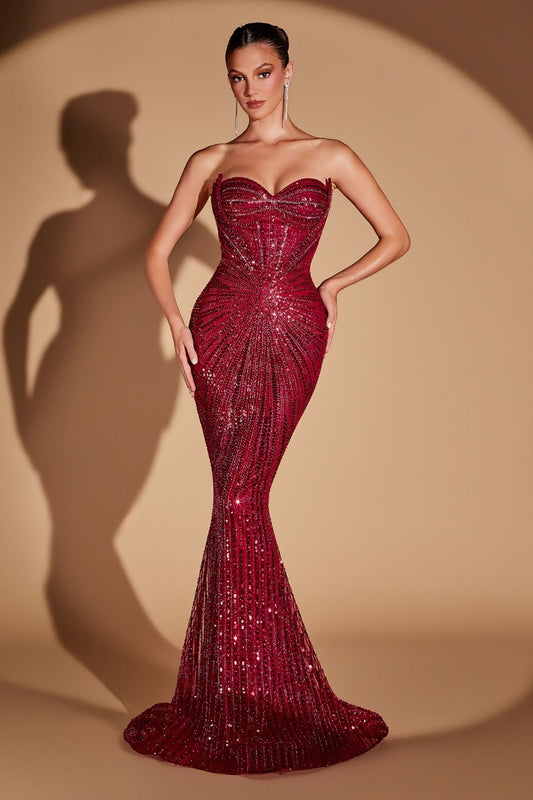 Vestido de fiesta largo strapless con corset y pedrería CD0108