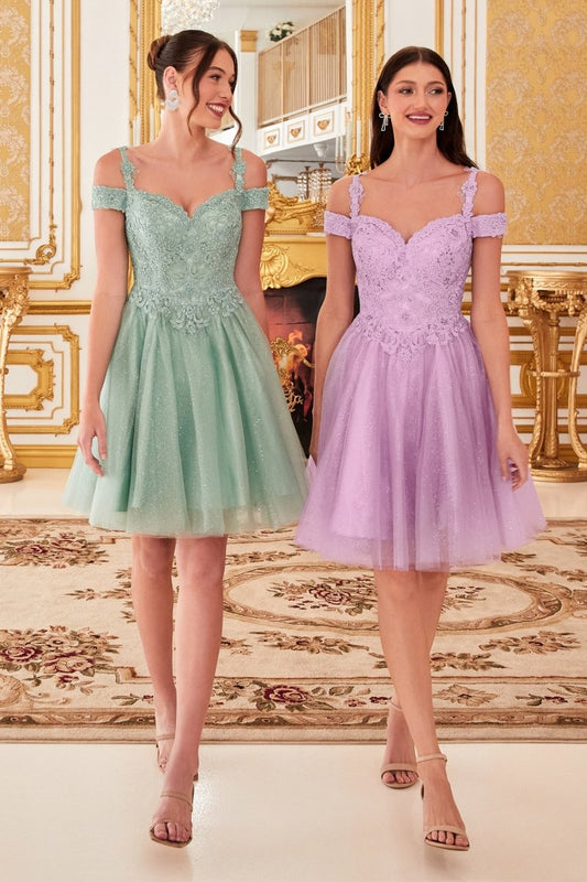 Vestido de cóctel de encaje con hombros descubiertos y brillos CD0132