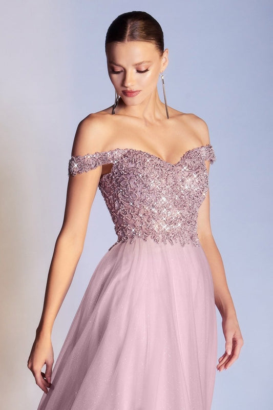Vestido largo bordado de lentejuelas con hombros descubiertos CD0177