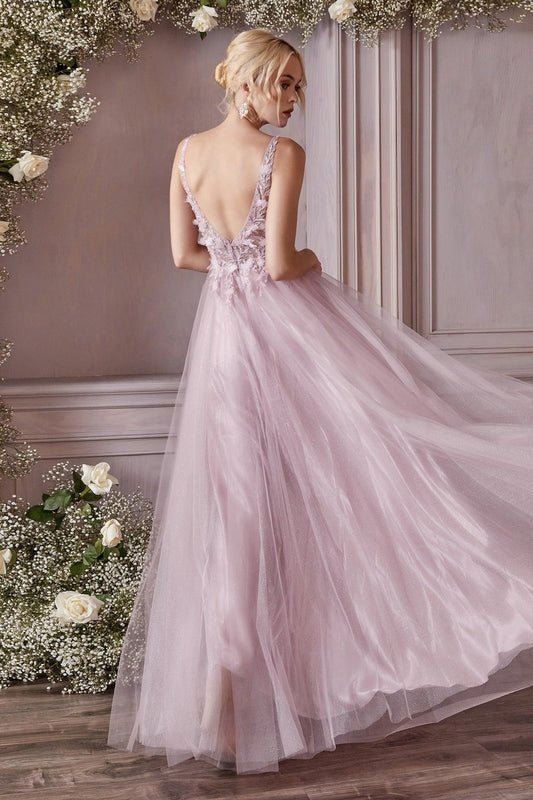 Vestido de fiesta largo corte A de tul con flores 3D y pedrería CD0181