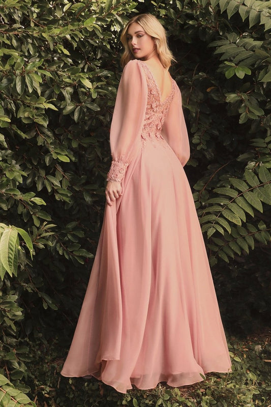 Vestido de fiesta largo oro rosa de encaje con manga larga CD0183