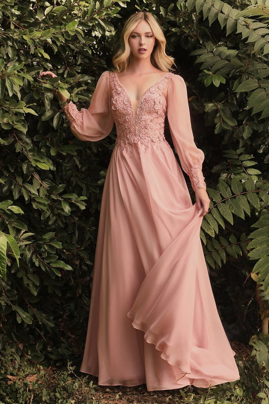 Vestido de fiesta largo oro rosa de encaje con manga larga CD0183