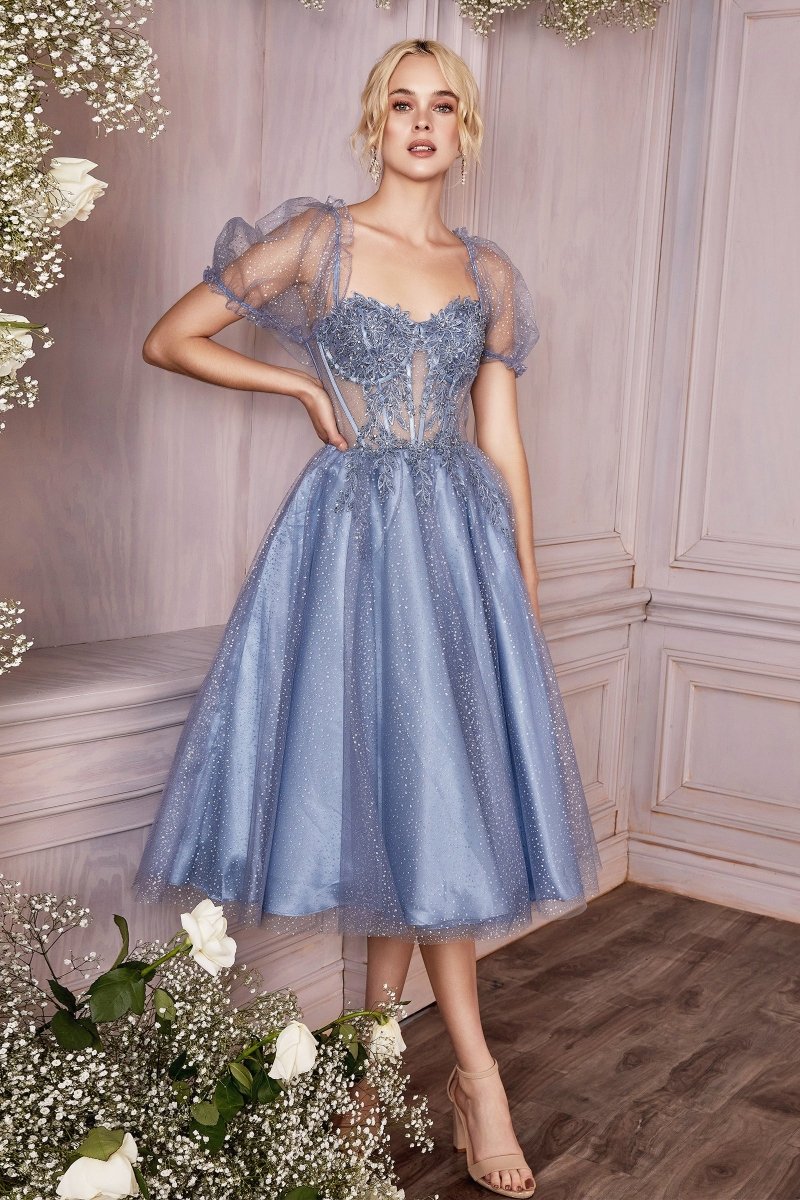 Vestido midi de fiesta de tul con mangas abullonadas y brillos CD0187