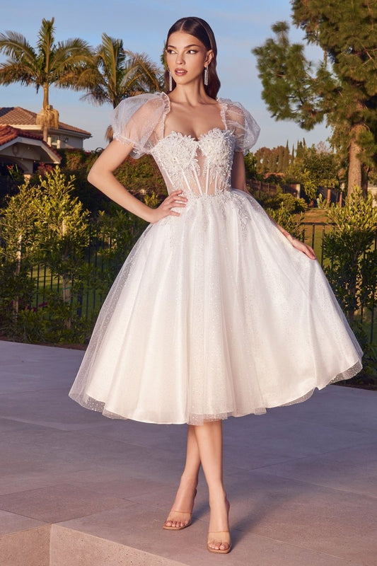 Vestido de novia midi de tul con brillos y mangas abullonadas CD0187W