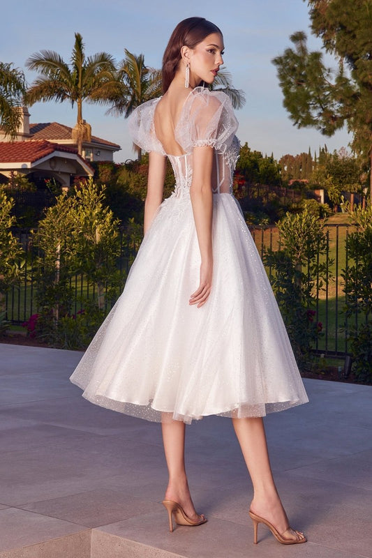 Vestido de novia midi de tul con brillos y mangas abullonadas CD0187W