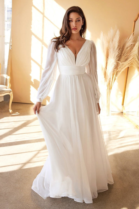 Vestido de novia drapeado corte A de gasa con manga larga CD0192W