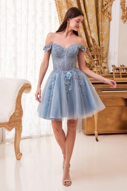 Vestido de cóctel de tul con flores 3D y hombros descubiertos CD0194