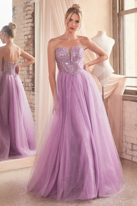 Vestido de gala largo strapless de lentejuelas con corset CD0217