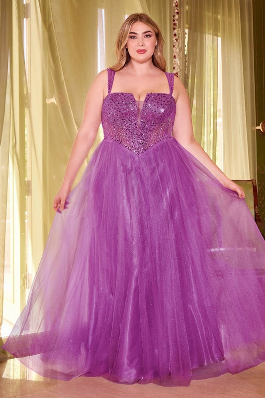 Vestido de gala strapless corte A de lentejuelas con corset CD0217C