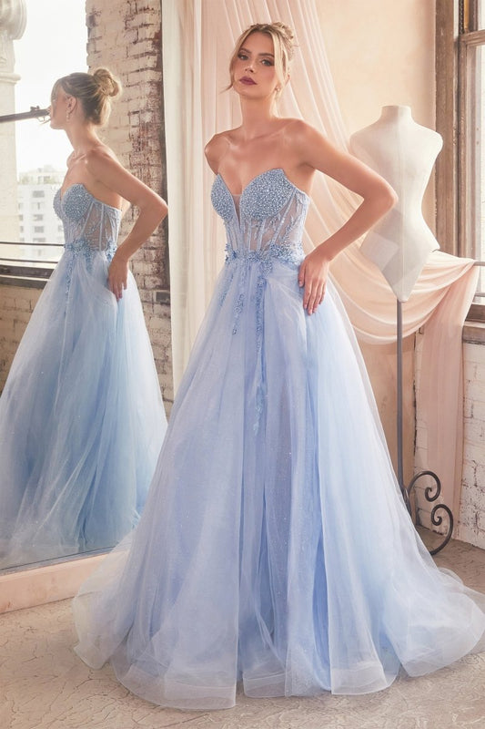 Vestido largo strapless de tul con brillos, abertura y pedrería CD0230