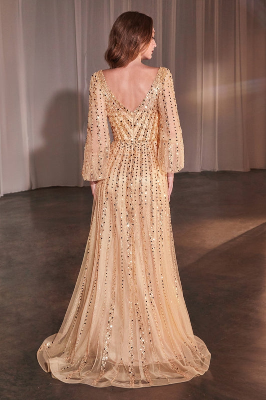 Vestido de gala de tul con manga larga, pedrería y escote en V CD0240