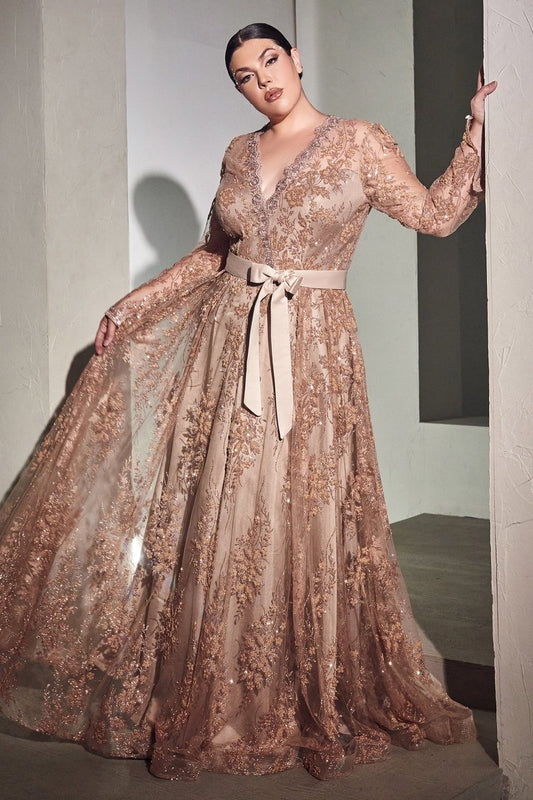 Vestido de noche plateado de encaje con manga larga y brillos CD233C