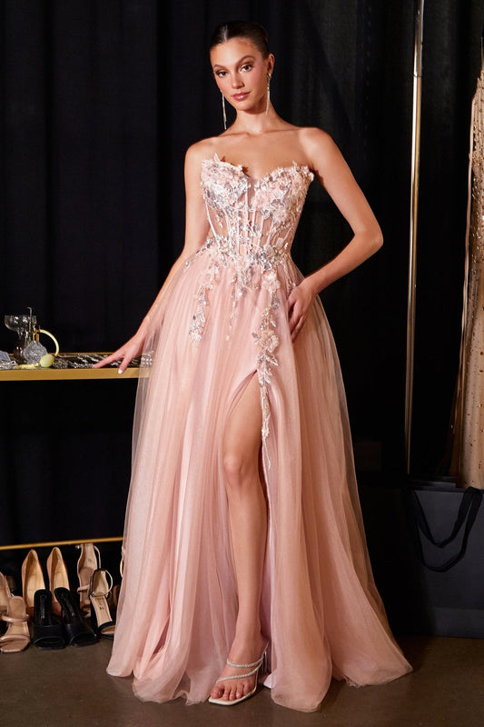 Vestido de gala corte A de lentejuelas con flores 3D y abertura CD2426