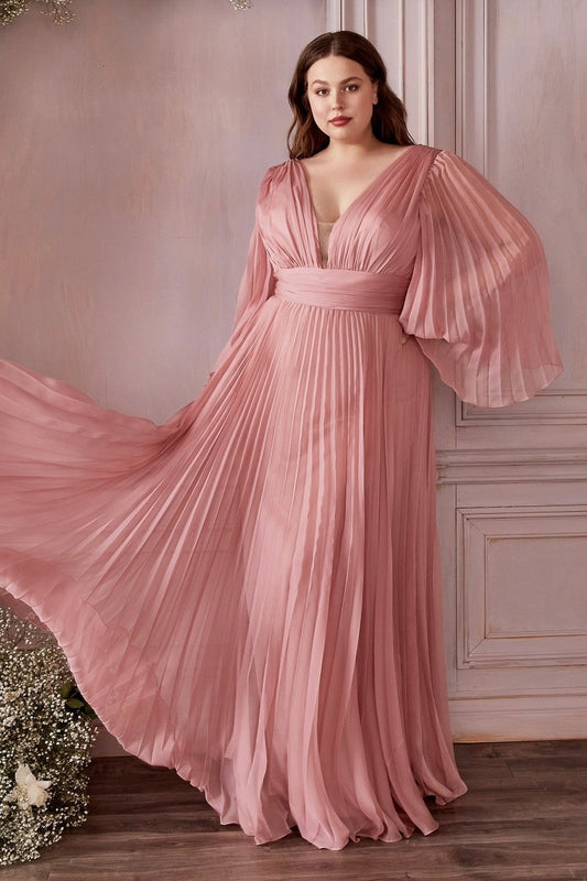 Vestido de noche largo plisado de gasa con manga larga CD242C