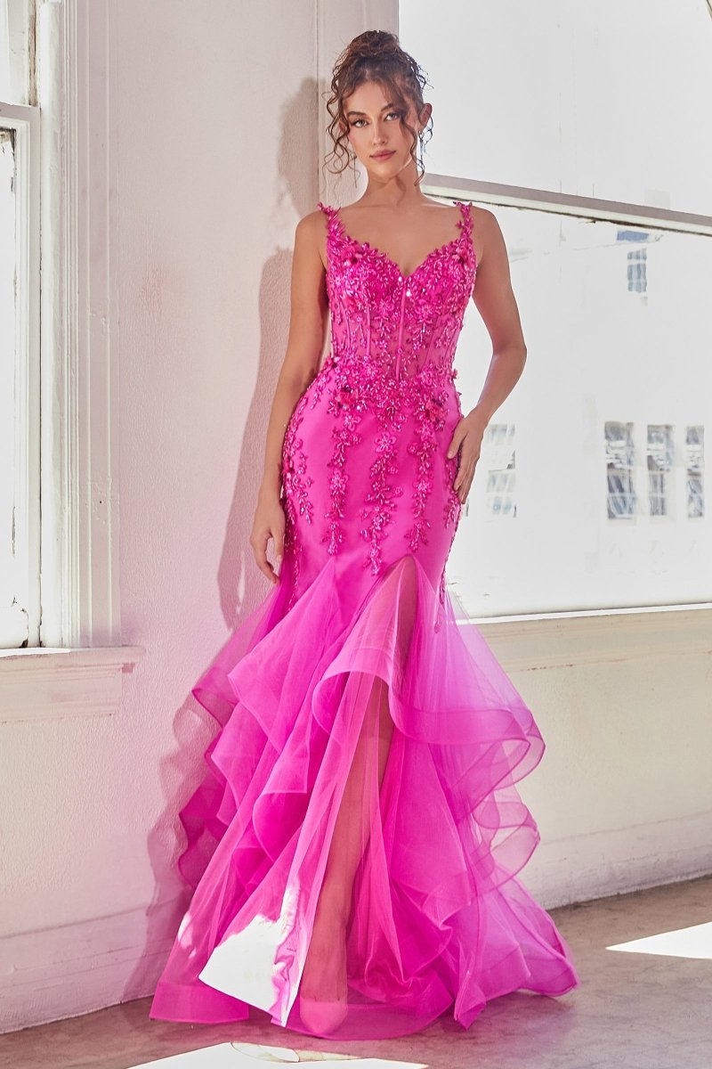 Vestido de gala fucsia corte sirena de encaje con abertura CD331