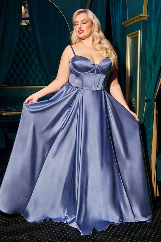 Vestido de fiesta largo satinado corte A con abertura y corset CD337C