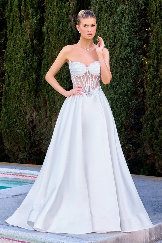 Vestido de novia strapless con corset transparente y pedrería CD389W