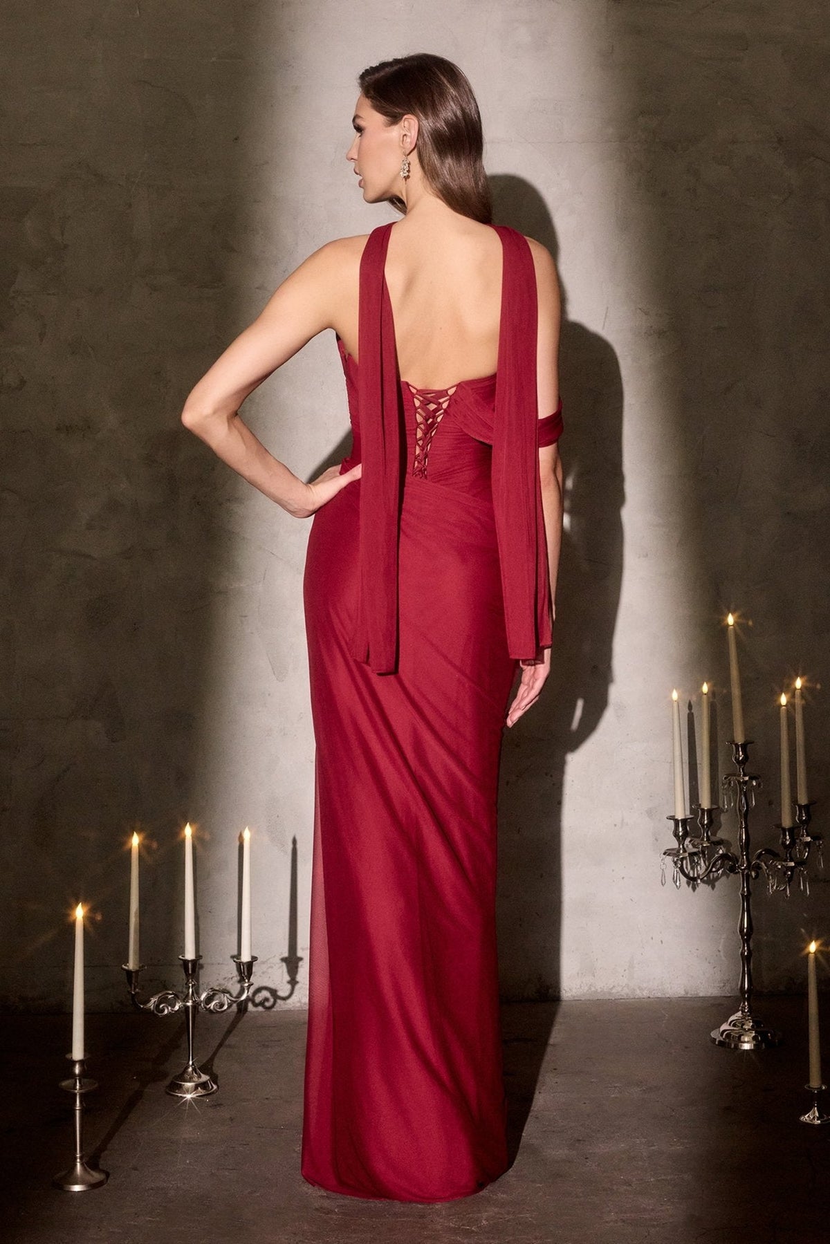 Vestido de gala plisado de gasa con escote corazón y corset CD406