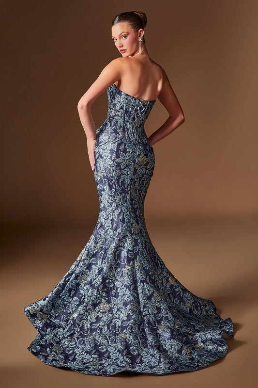 Vestido de fiesta largo azul marino metálico con bolero y corset CD655