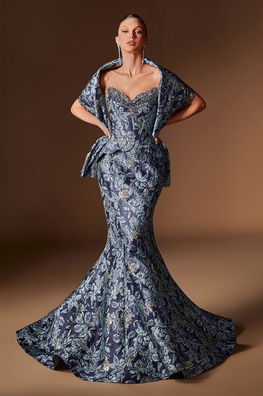 Vestido de fiesta largo azul marino metálico con bolero y corset CD655