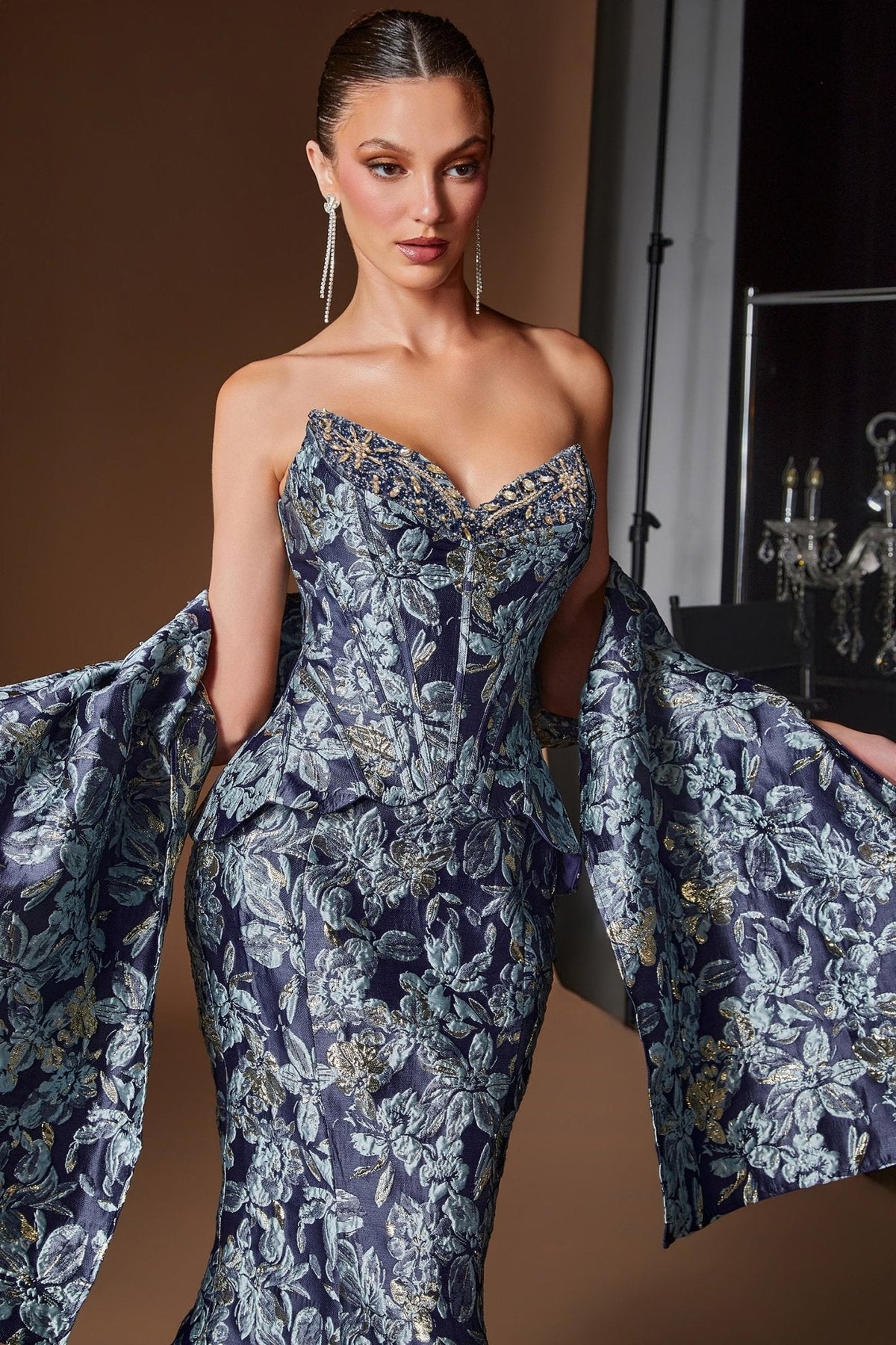 Vestido de fiesta largo azul marino metálico con bolero y corset CD655