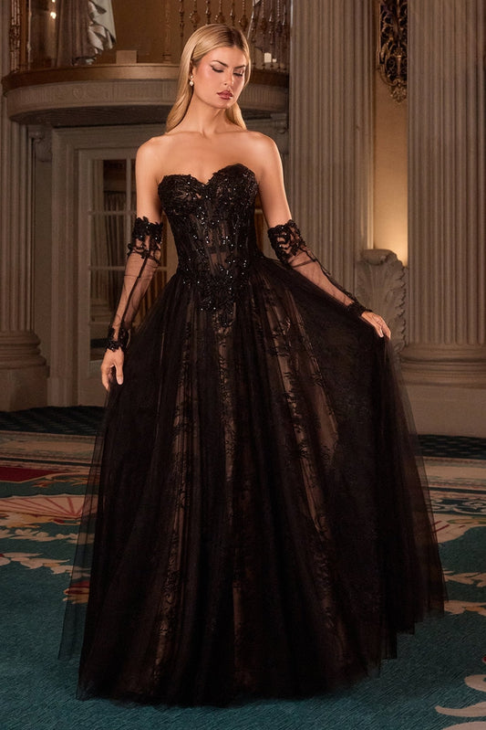 Vestido largo strapless corte A de tul con guantes y brillos CD717