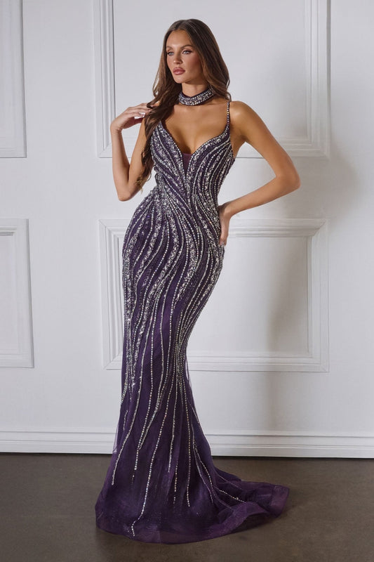 Vestido de fiesta largo ajustado de lentejuelas con gargantilla CD719
