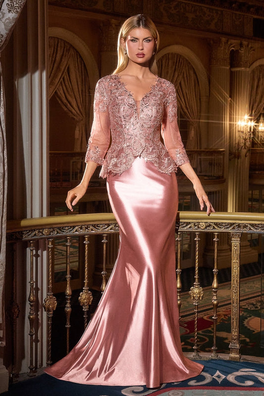 Vestido de gala de satín y encaje con escote en V profundo CD720