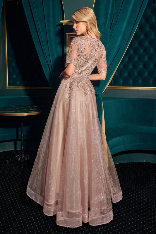 Vestido largo moka de encaje con escote en V profundo y brillos CD726