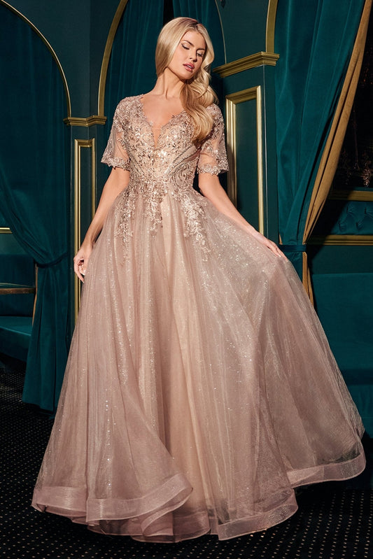Vestido largo moka de encaje con escote en V profundo y brillos CD726