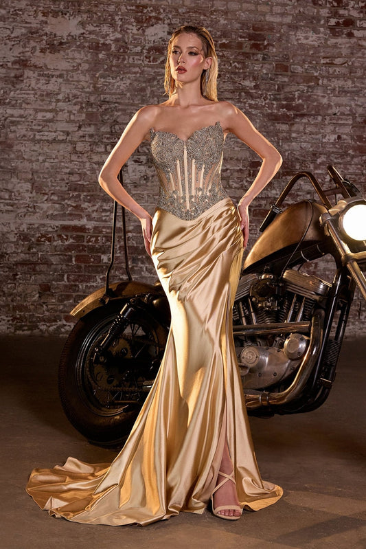 Vestido de graduación largo strapless de encaje con abertura CD736