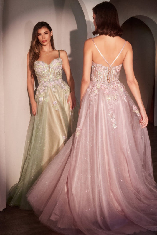 Vestido largo corte A de tul con brillos, pedrería y corset CD740