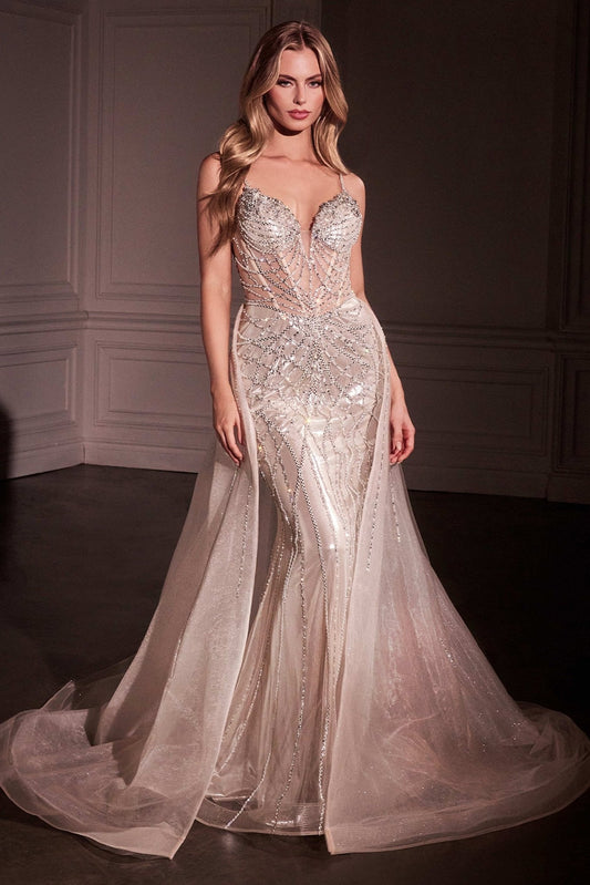 Vestido de fiesta largo de tul con pedrería y escote corazón CD763