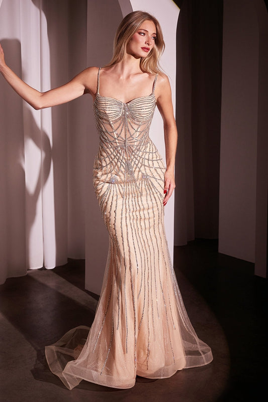 Vestido de gala ajustado de tul con escote corazón y pedrería CD766