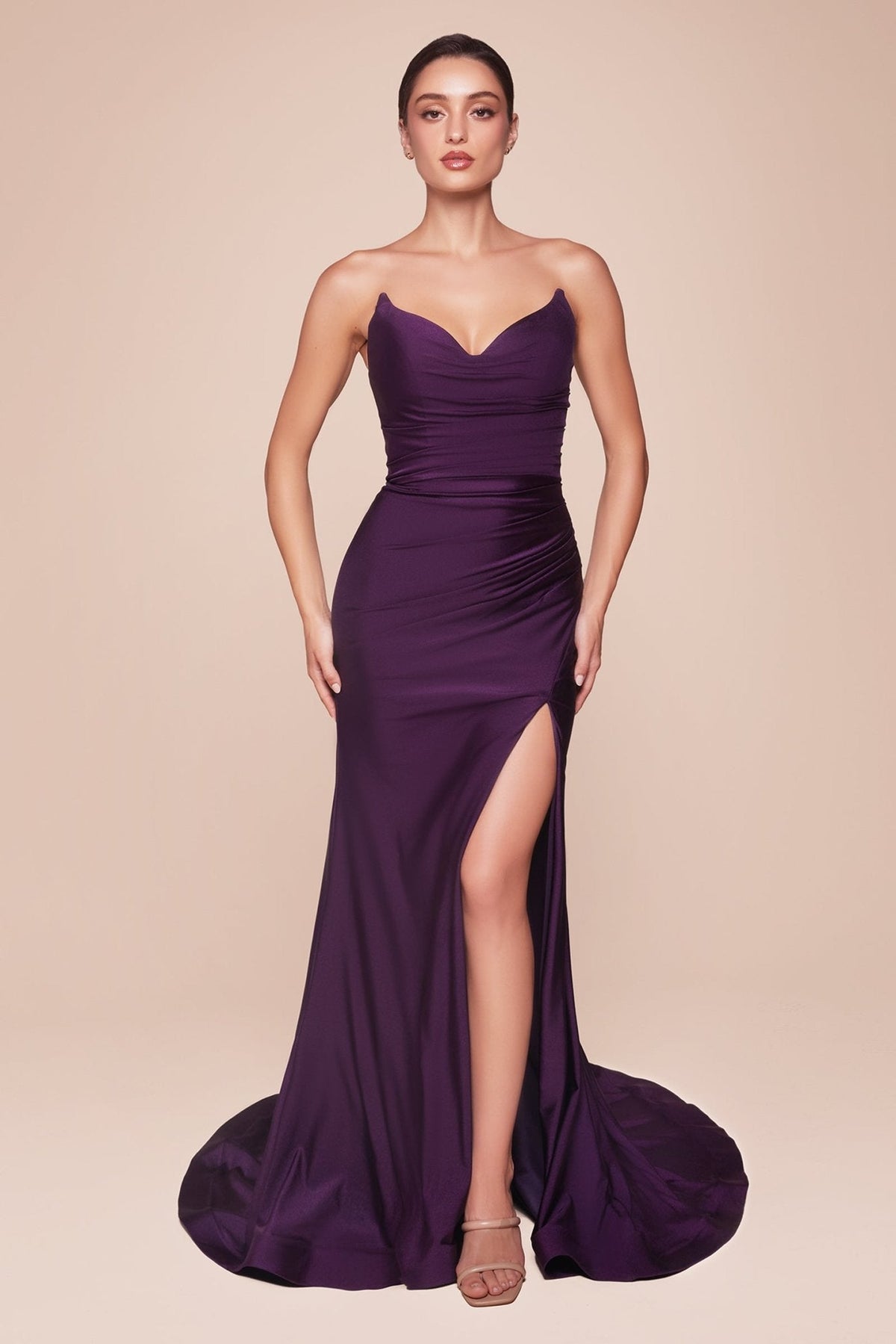 Vestido de fiesta largo satinado ajustado con abertura y corset CD791