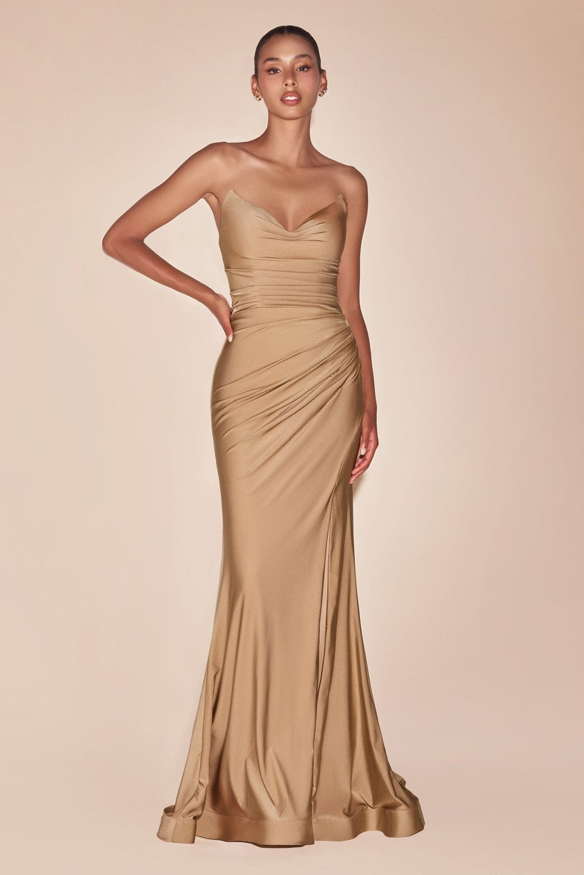 Vestido de fiesta largo satinado ajustado con abertura y corset CD791