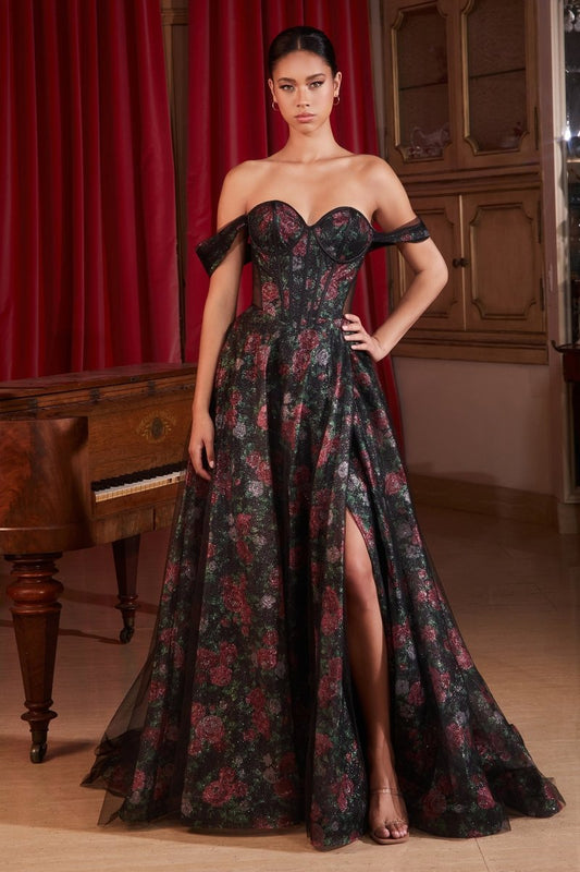 Vestido de gala largo de tul con hombros descubiertos y abertura CD806