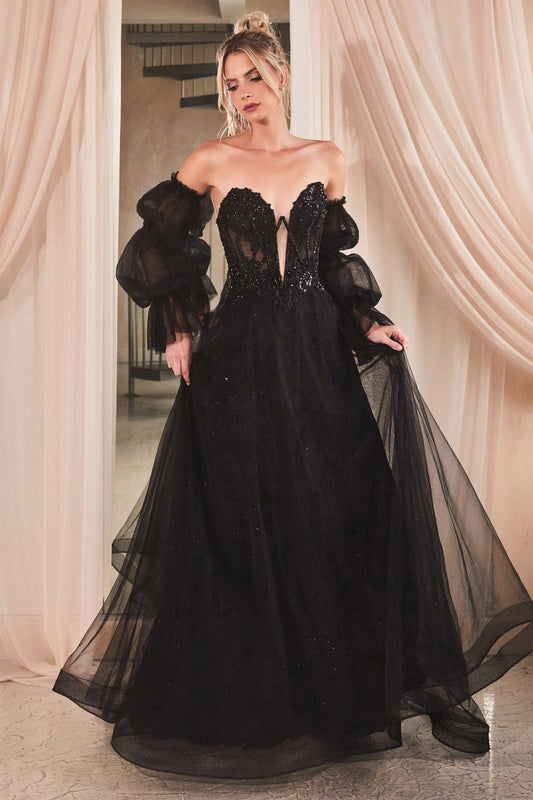 Vestido largo negro strapless de encaje con brillos y pedrería CD830