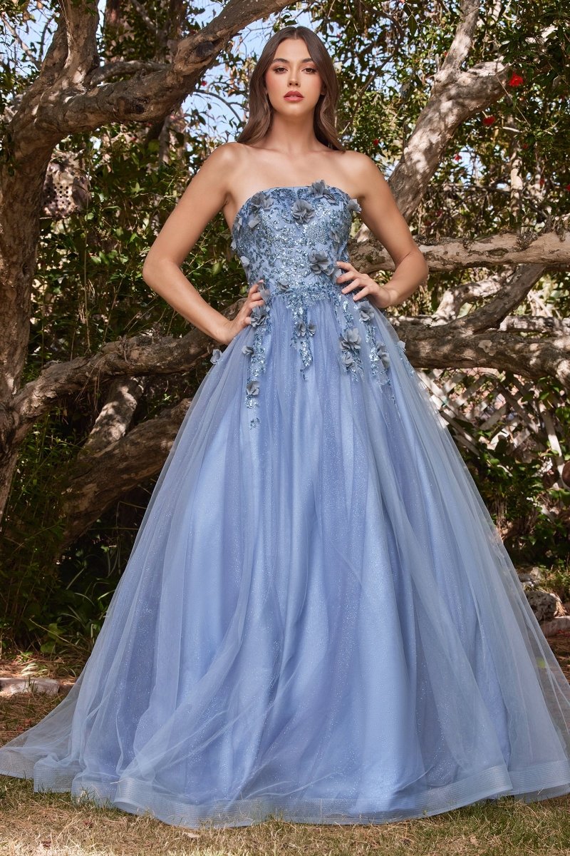 Vestido de gala largo strapless de tul con bolero y brillos CD955