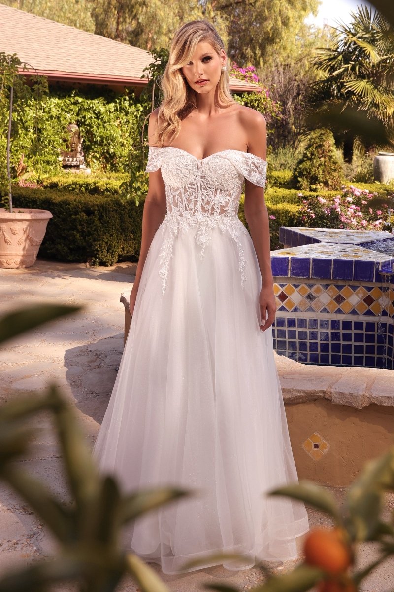 Vestido de novia corte A de encaje bordado con brillos y corset CD961W
