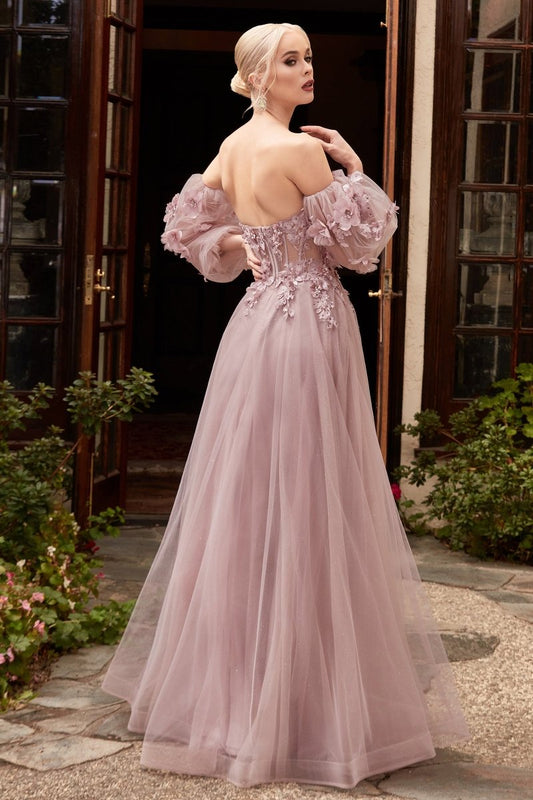 Vestido largo strapless de encaje con corset transparente CD962