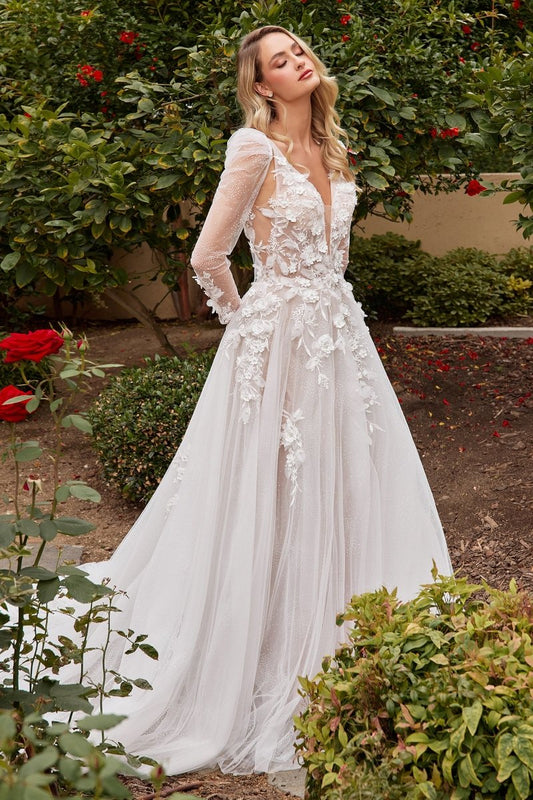 Vestido de novia de encaje con flores 3D y mangas desmontables CDS436W
