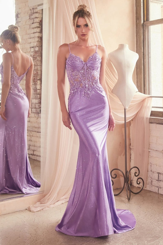 Vestido de gala bordado ajustado con brillos, corset y pedrería CDS450