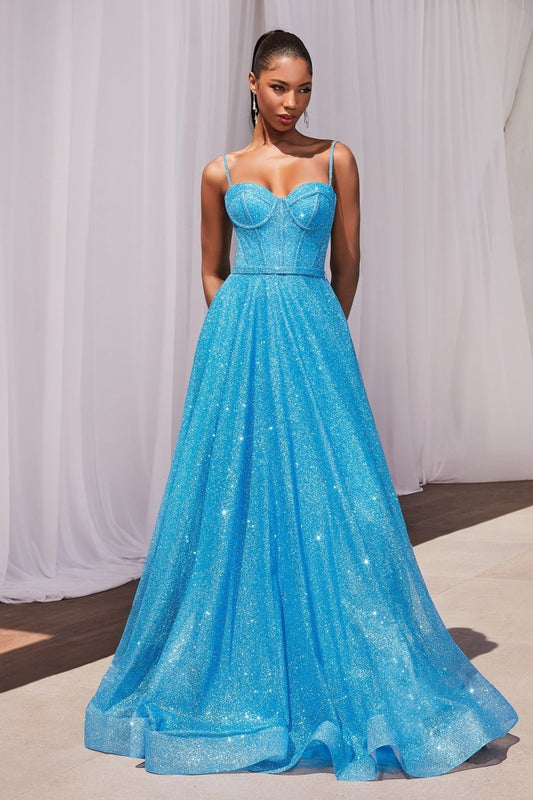 Vestido largo corte A con brillos y pedrería CDS483