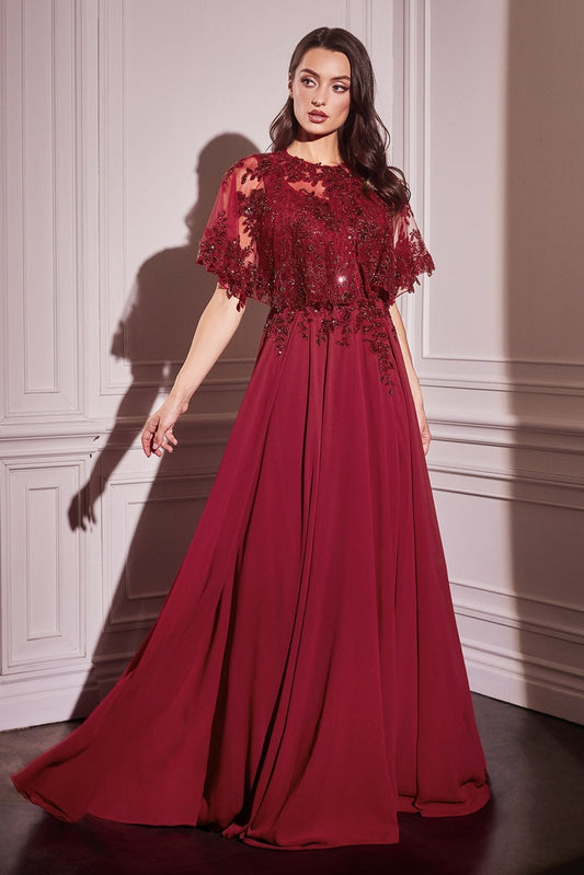 Vestido de fiesta largo corte A de encaje con capa y pedrería CDS503
