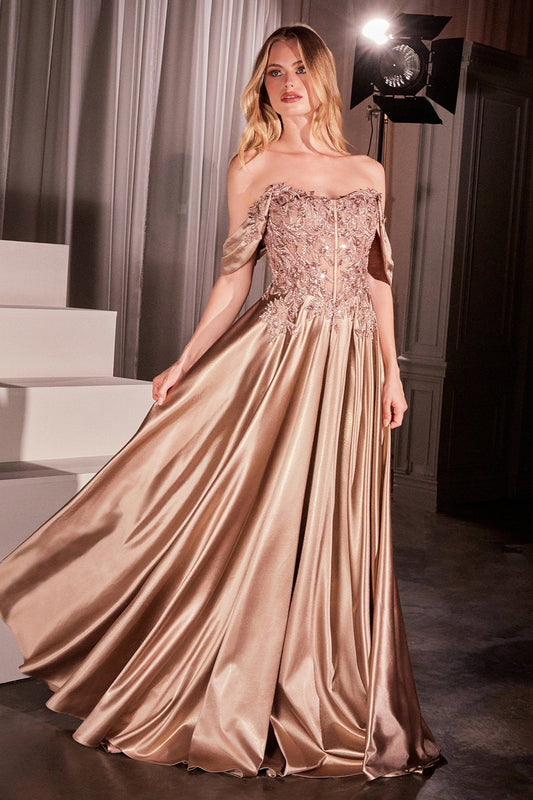 Vestido de noche largo corte A de satín y encaje con pedrería CDS525