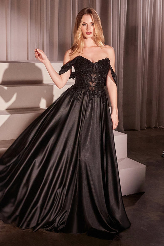 Vestido de noche largo corte A de satín y encaje con pedrería CDS525