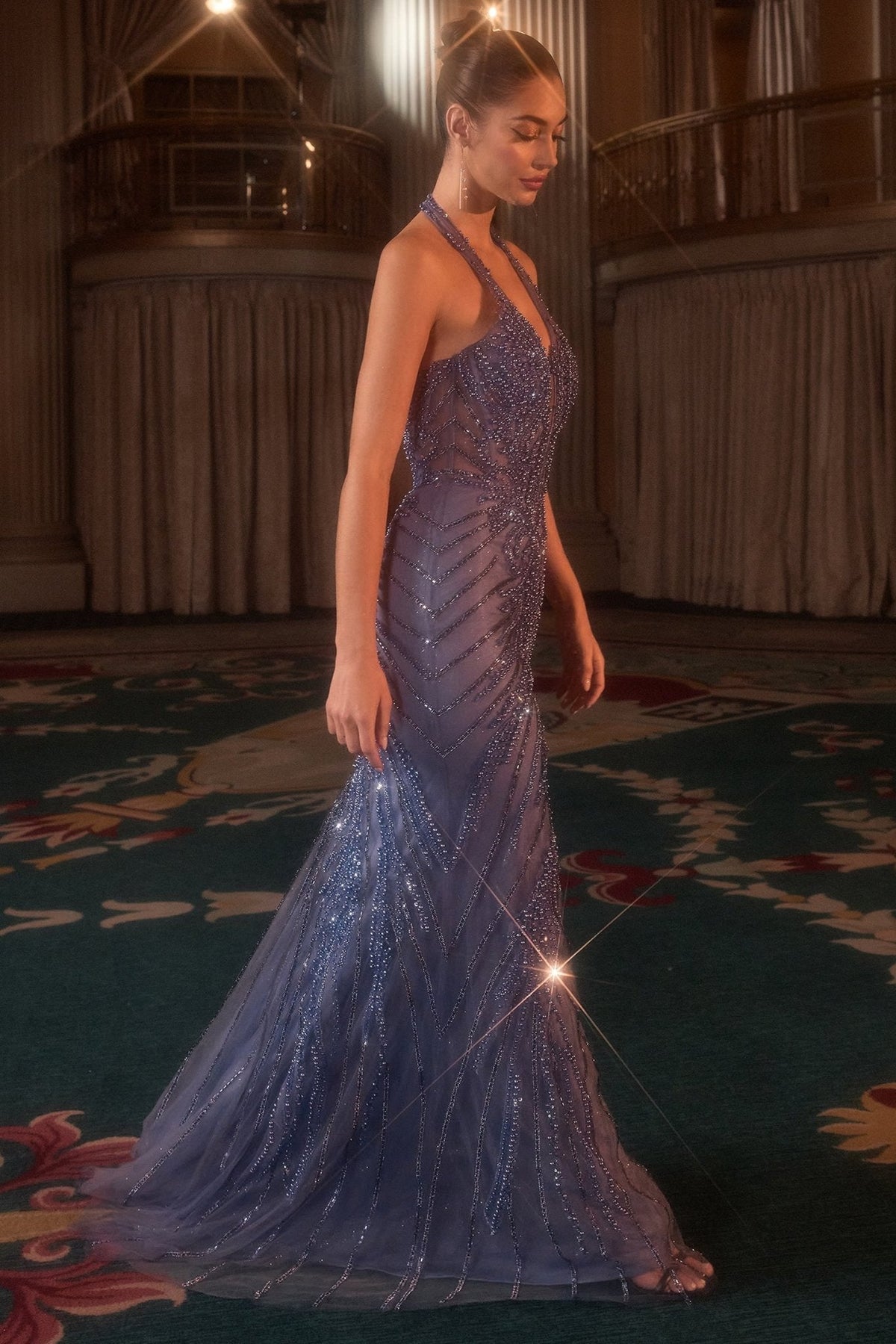 Vestido de graduación azul de lentejuelas con pedrería CDS547