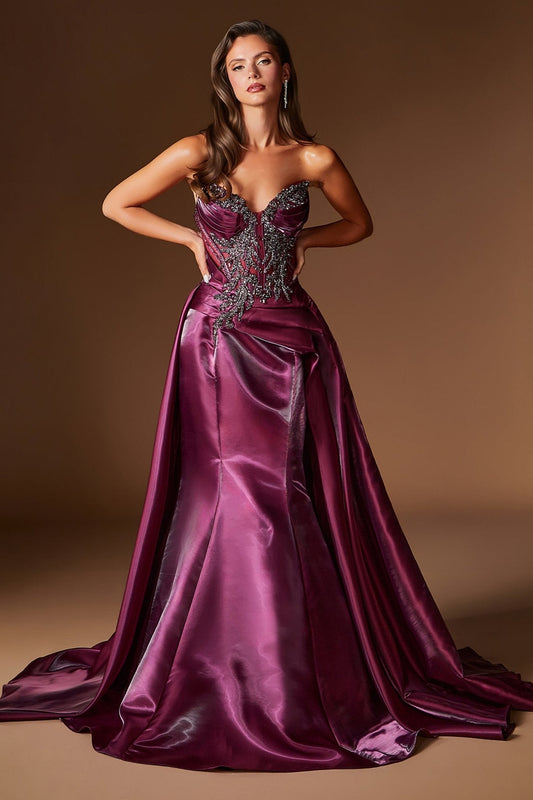 Vestido largo de satín y organza con brillos, pedrería y corset CDS568