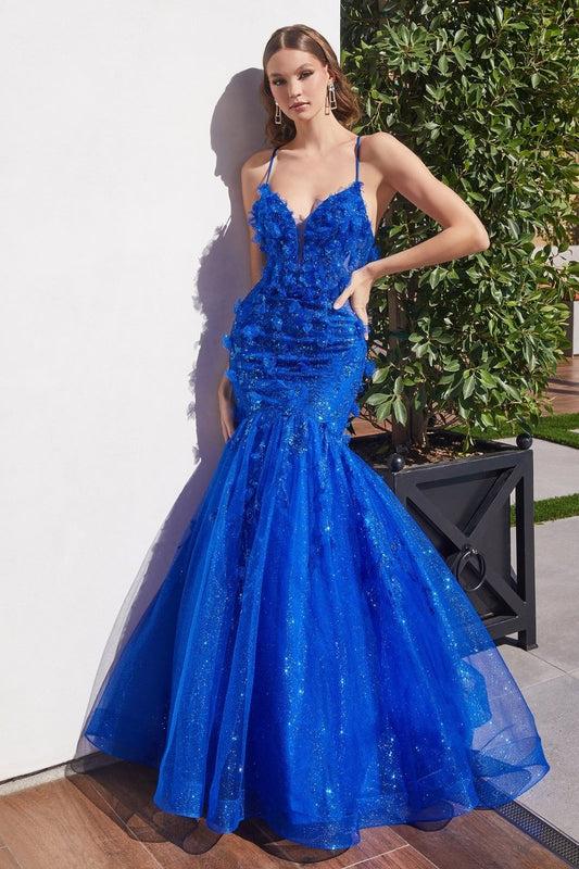 Vestido de fiesta largo corte sirena de tul con corset y brillos CM328